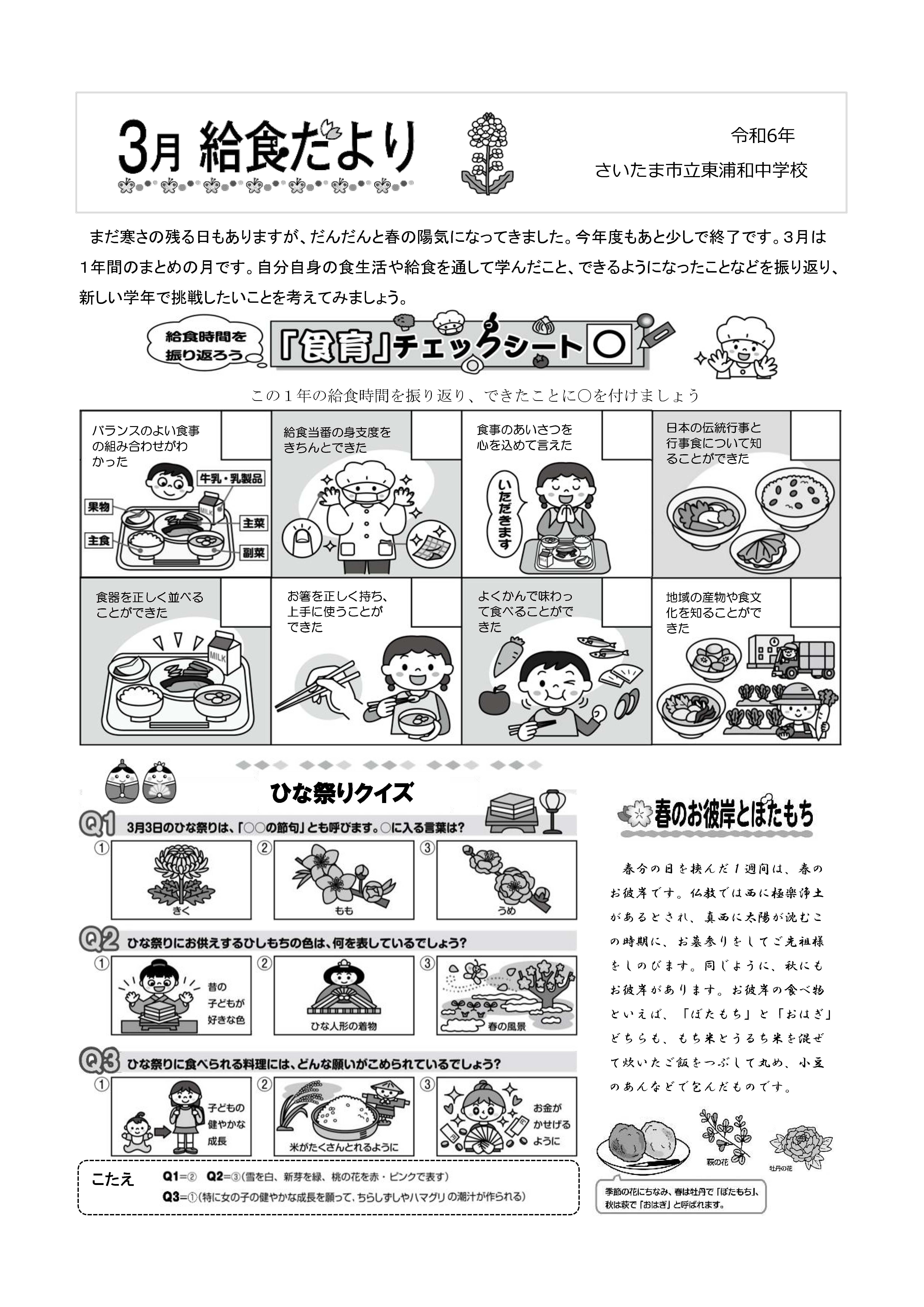 令和６年３月給食だより／東浦和中学校